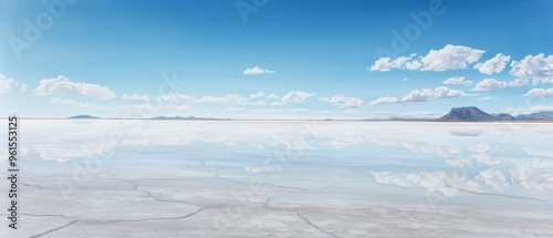  A large body of water is depicted in this painting, surrounded by towering mountains in the background and billowing clouds in the sky above