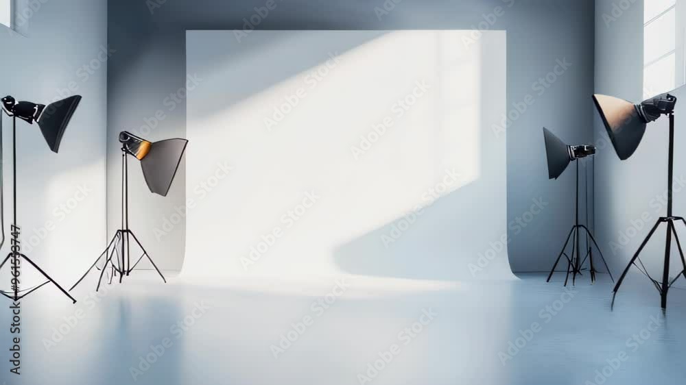 A photo studio with a light gray backdrop and lighting equipment