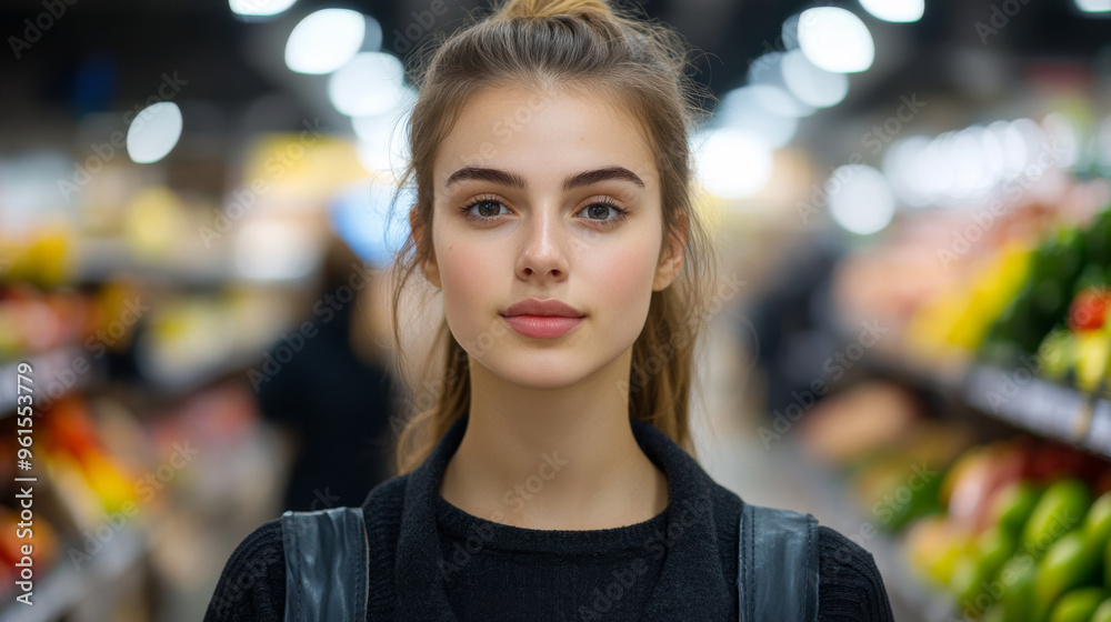 Fototapeta premium Young woman with an unstyled ponytail and simple clothes standing in line at a crowded supermarket holding a grocery list 