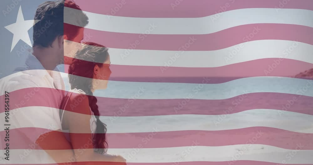 Couple embracing on beach over animation of waving liberia flag Couple embracing on beach over animation of waving liberia flag