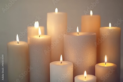 A collection of pillar candles in varying heights and thicknesses. The candles are lit,