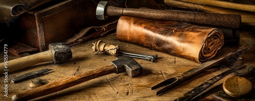 The shoemaker's workstation. Tools and leather at the cobbler's workplace. Leather crafting tools against a wooden background. Shoes maker tools. photo