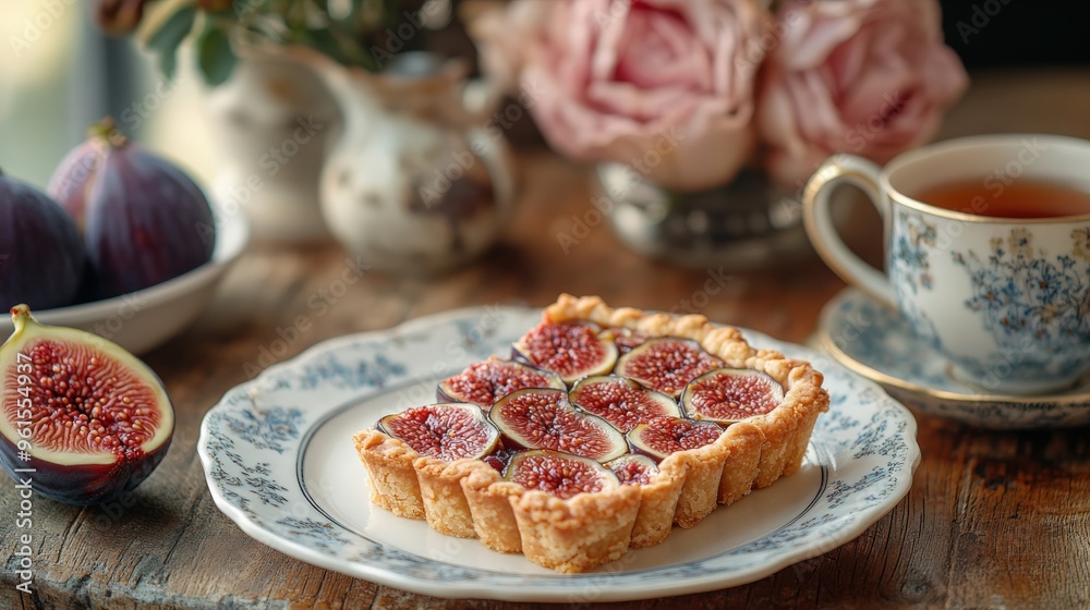 A warm cup of tea is paired with a delicious fig tart on a beautiful table setting A warm cup of tea is paired with a delicious fig tart on a beautiful table setting