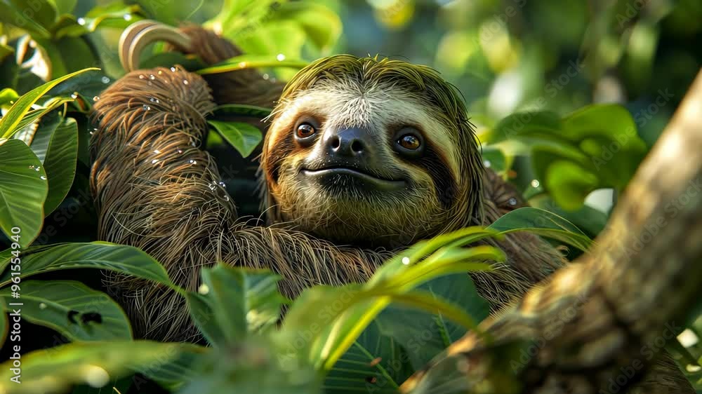 Sloth resting in lush green jungle, peaceful nature scene Sloth resting in lush green jungle, peaceful nature scene