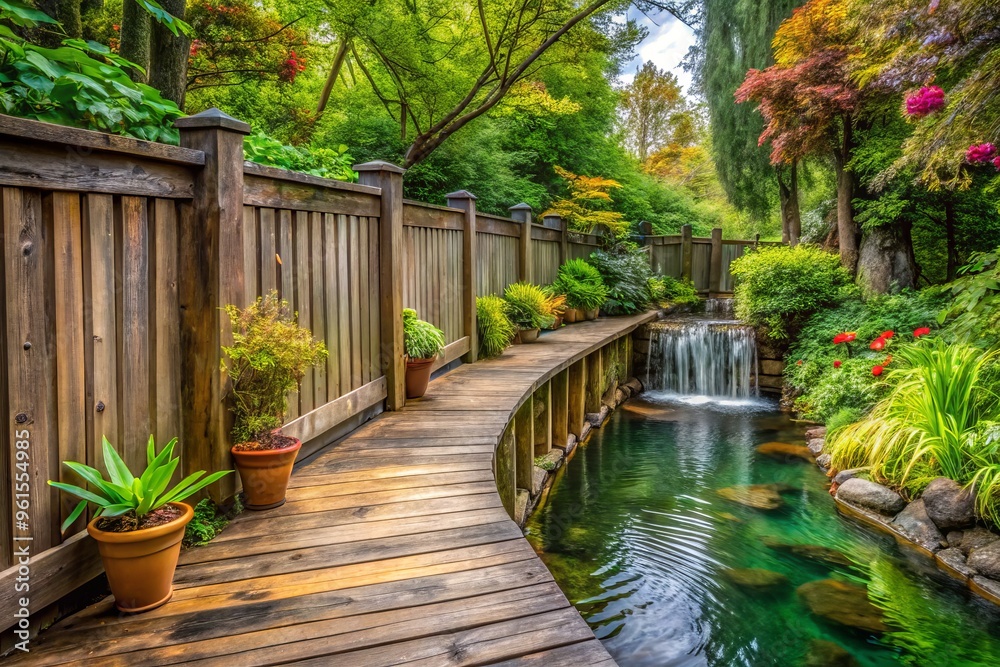 weathered wooden fence stretches along the side of a rustic deck surrounded by lush greenery and a tranquil water feature weathered wooden fence stretches along the side of a rustic deck surrounded by lush greenery and a tranquil water feature