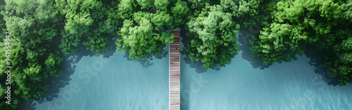 Aerial view of a road between two lakes and forest in the background