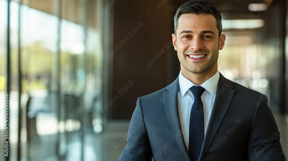 Confident male entrepreneur in a business suit, with a clear, engaging smile and direct eye contact, set in a contemporary office environment.