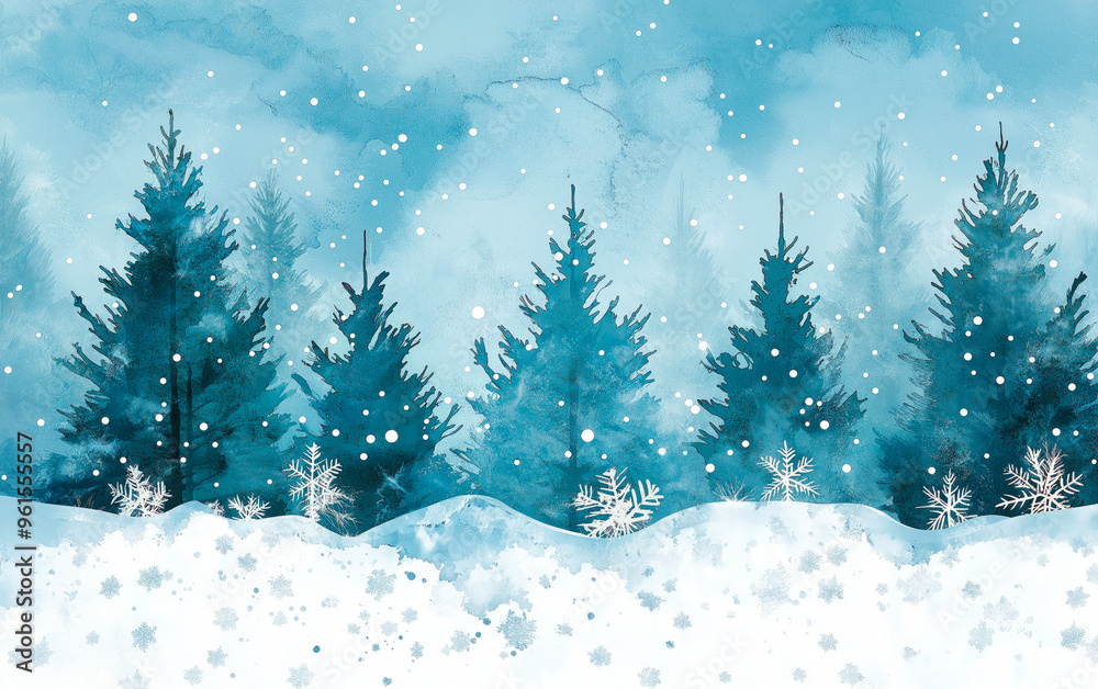 Fototapeta premium Landscape illustration of winter forest in cold colors. Watercolor drawing for Christmas and Happy New Year card celebration. Background design for invitation, social post, ad, cover and sale banner.