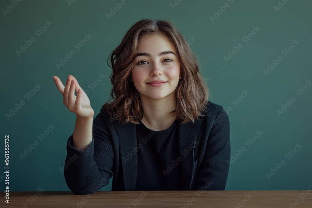 A confident young woman sitting at a table, raising her hand slightly as if gesturing A confident young woman sitting at a table, raising her hand slightly as if gesturing