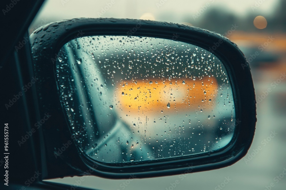 Raindrops on a Car's Rearview Mirror Showing a Blurry Street Scene Raindrops on a Car's Rearview Mirror Showing a Blurry Street Scene