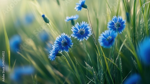 In a bright sunny meadow, blue cornflowers are in full bloom. photo