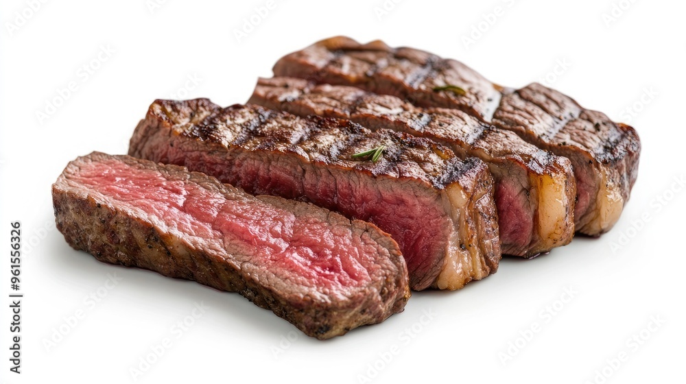 Cooked steak cut into slices, displayed on a white background with a subtle shadow. Emphasizing the juicy texture and perfect doneness. Cooked steak cut into slices, displayed on a white background with a subtle shadow. Emphasizing the juicy texture and perfect doneness.