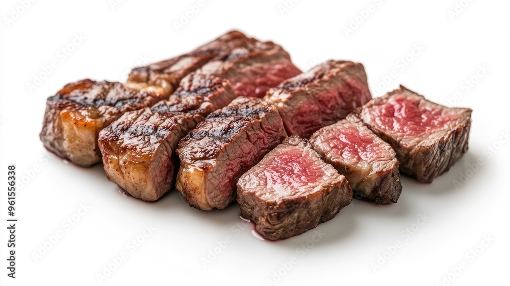 Cooked steak cut into slices, displayed on a white background with a subtle shadow. Emphasizing the juicy texture and perfect doneness. Cooked steak cut into slices, displayed on a white background with a subtle shadow. Emphasizing the juicy texture and perfect doneness.