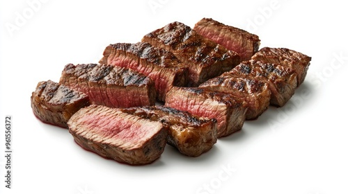 Cooked steak cut into slices, displayed on a white background with a subtle shadow. Emphasizing the juicy texture and perfect doneness.