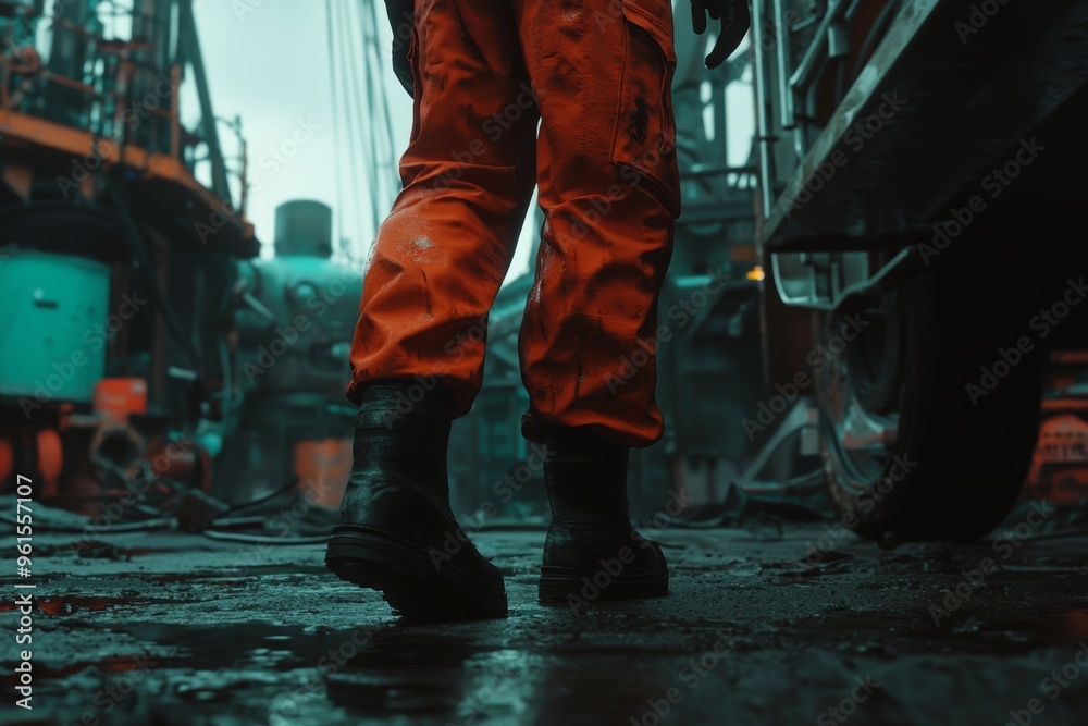 A worker wearing protective shoes on a construction site. Working safety boots on a factory floor to protect against accidents. Created with Stock Images A worker wearing protective shoes on a construction site. Working safety boots on a factory floor to protect against accidents. Created with Stock Images