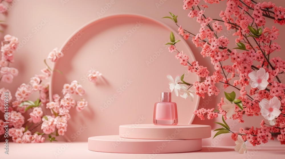 Spring-themed podium with flowers for displaying cosmetics. Spring-themed podium with flowers for displaying cosmetics.