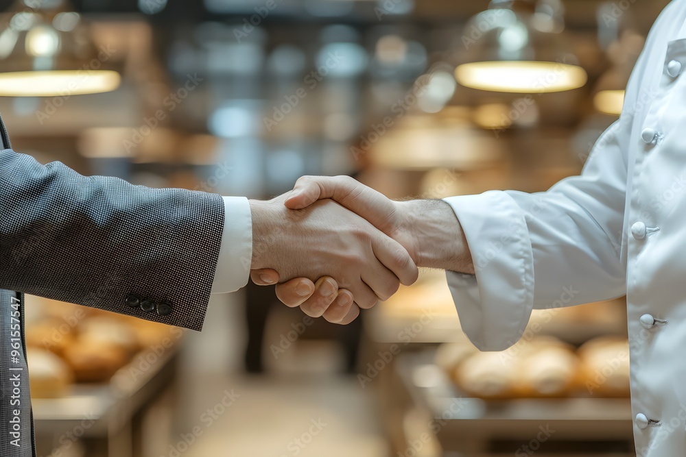Close-up of a handshake between a businessman and a baker Close-up of a handshake between a businessman and a baker
