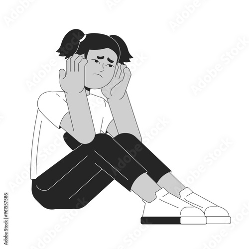 Pensive little girl sitting alone black and white 2D line character. Kid with negative thoughts. African american child abuse victim solated vector outline person. Monochromatic spot illustration