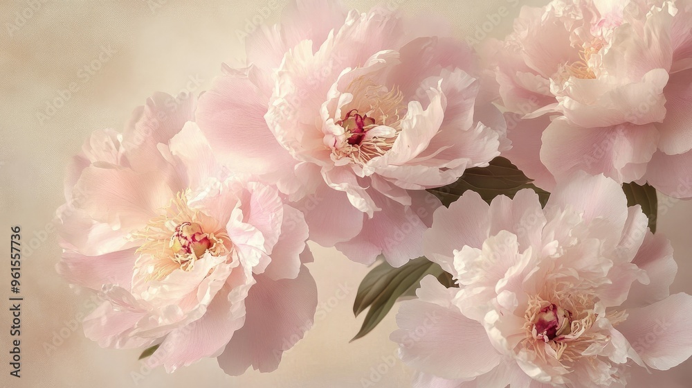 Delicate pink peonies in full bloom against a soft, neutral background, showcasing their lush petals and gentle color. Delicate pink peonies in full bloom against a soft, neutral background, showcasing their lush petals and gentle color.