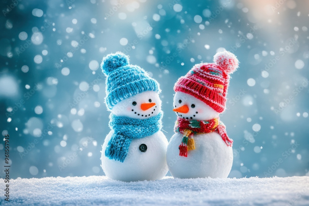 Fototapeta premium A delightful winter scene featuring two small snowmen wearing