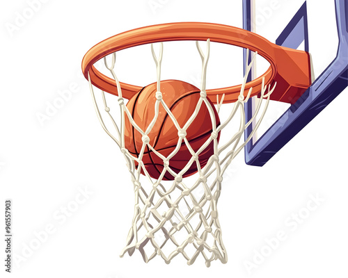 Basketball Falling into the Net on a Hoop, Dynamic Cartoon Style, Isolated on a Transparent PNG Background   