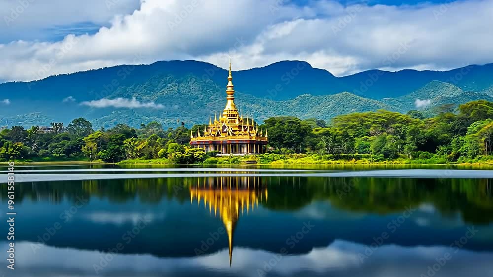 A beautiful lake with a golden pagoda in the background. The water is calm and the sky is clear A beautiful lake with a golden pagoda in the background. The water is calm and the sky is clear