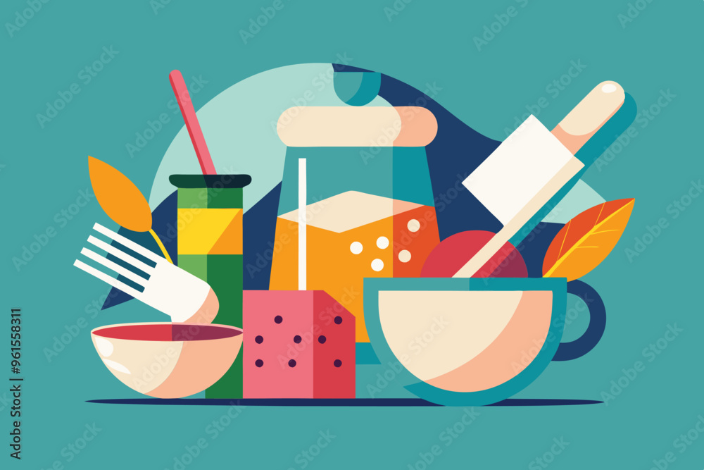 An array of colorful food and drinks against a blue background An array of colorful food and drinks against a blue background