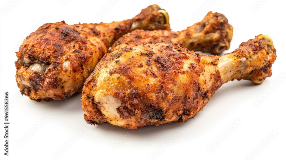 Delicious fried chicken drumsticks with a perfectly crispy crust, presented on a white background to highlight their golden color and texture. Delicious fried chicken drumsticks with a perfectly crispy crust, presented on a white background to highlight their golden color and texture.