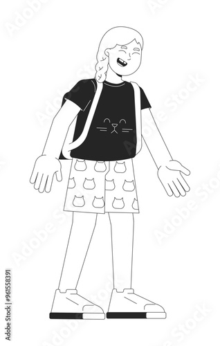 Blonde little girl laughing black and white 2D line character. Joyful child with backpack. Schoolgirl expressing positive emotions solated vector outline person. Monochromatic spot illustration