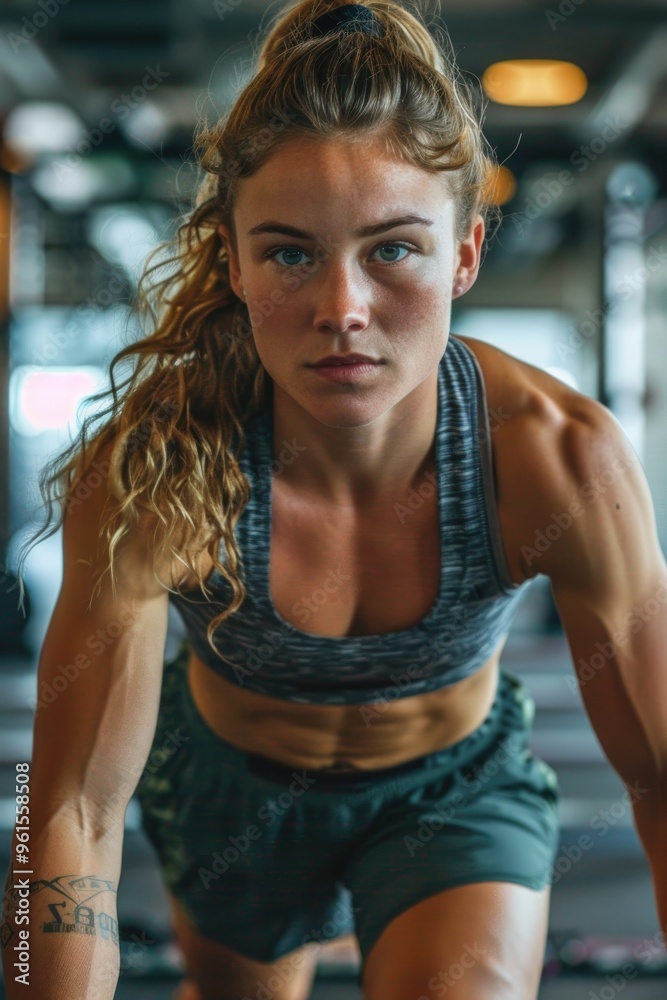 Determined Young Woman in Sportswear Engaging in Intense Workout at the Gym