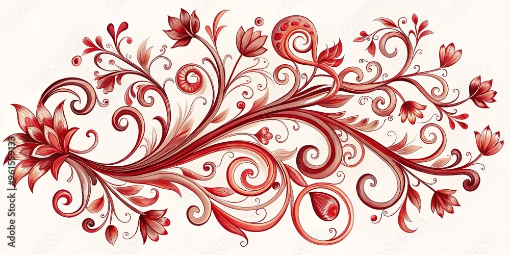 Swirling crimson tendrils dance across a blank canvas, delicate and intricate, evoking a sense of whimsy and wonder in this intricate, hand-painted design.