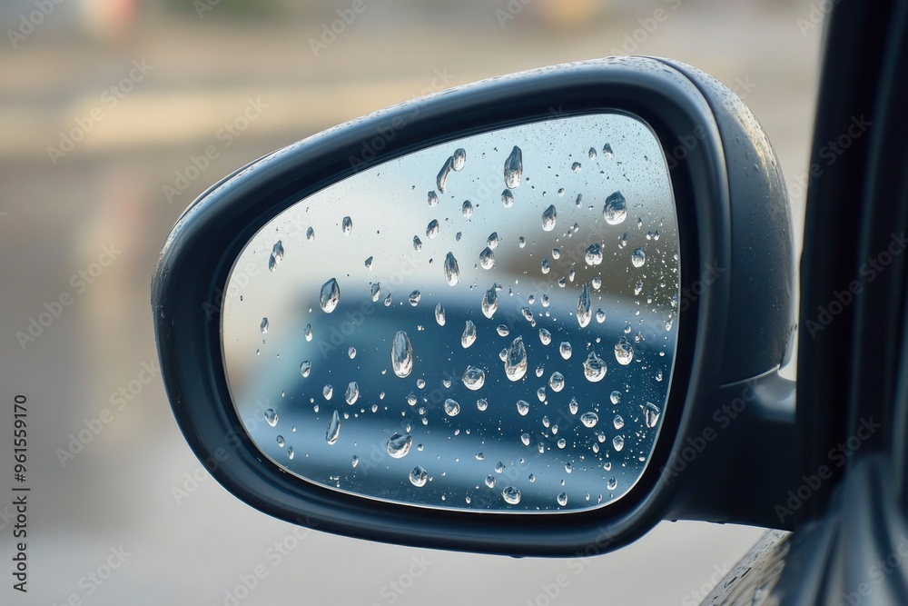Close-up of a car side mirror with raindrops Close-up of a car side mirror with raindrops