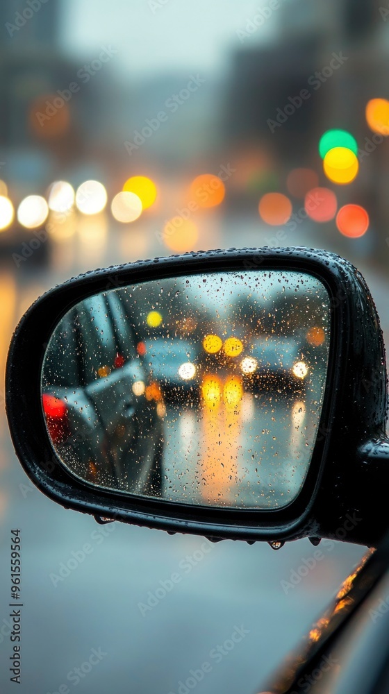 Rain-Covered Rearview Mirror Reflecting Blurry City Lights Rain-Covered Rearview Mirror Reflecting Blurry City Lights