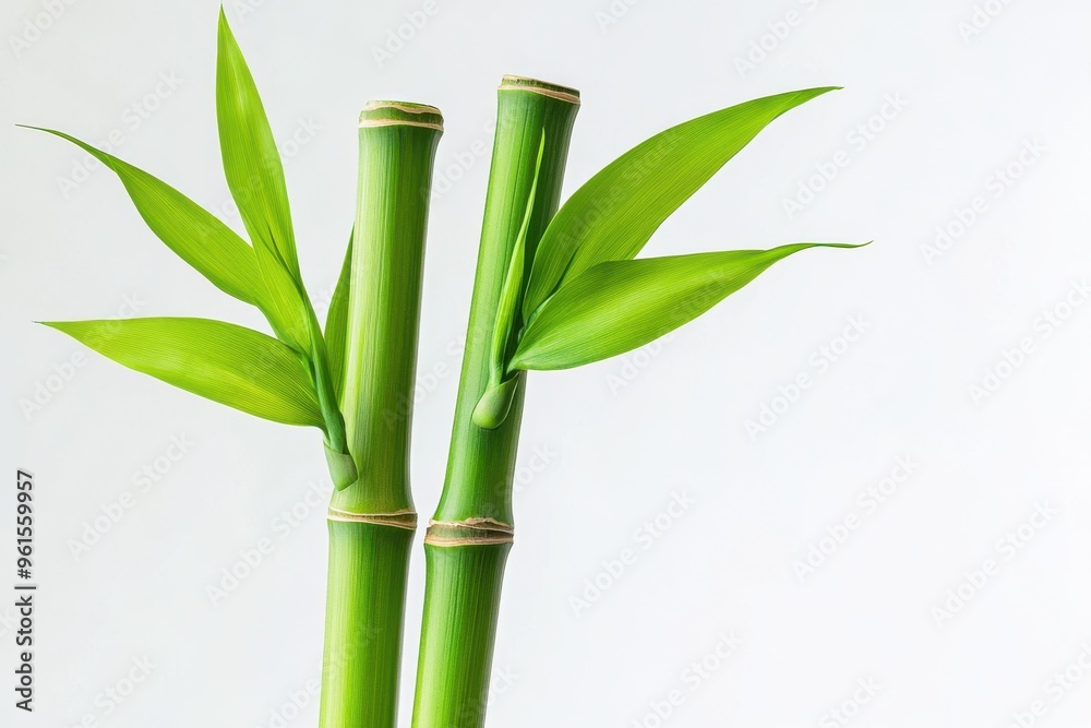 A detailed image of two green bamboo stalks with fresh leaves growing from the nodes A detailed image of two green bamboo stalks with fresh leaves growing from the nodes