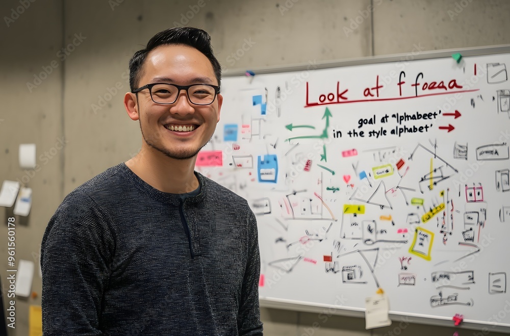 young Asian businessman is smiling while standing in front of a whiteboard young Asian businessman is smiling while standing in front of a whiteboard