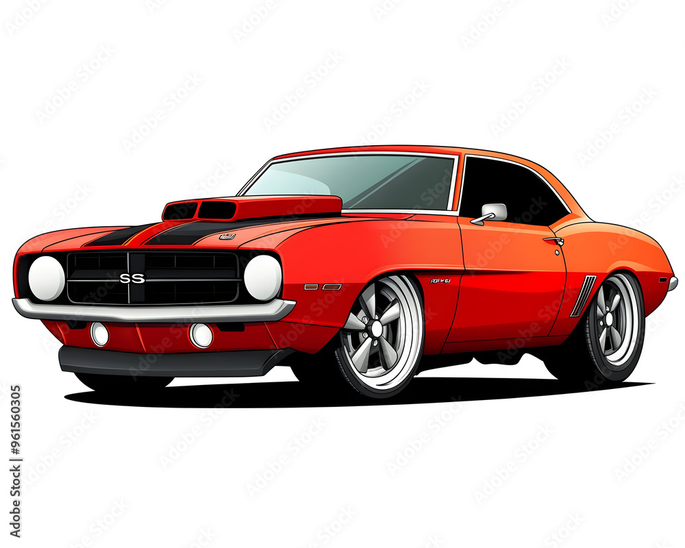 Fototapeta premium Cartoon Car: Muscle Car, Classic Car, Historic Car with Bold Lines, Isolated on a Transparent PNG Background 