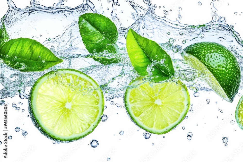 A detailed scene featuring vibrant green lime slices mid-splash in crystal-clear water A detailed scene featuring vibrant green lime slices mid-splash in crystal-clear water