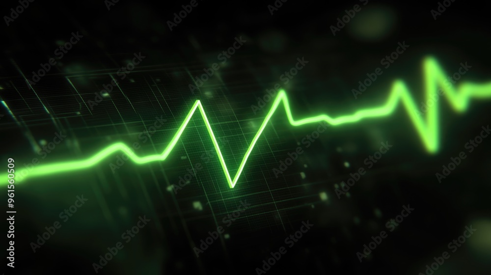 Digital ECG line with a sharp upward spike, glowing in neon green against a black background, symbolizing vital signs and heart health. Digital ECG line with a sharp upward spike, glowing in neon green against a black background, symbolizing vital signs and heart health.