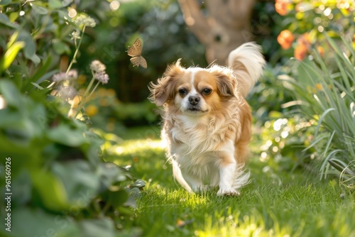 Playful tibetan spaniel in lush garden with butterfly encounter AI photo