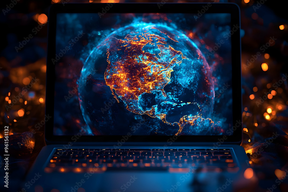 Digital Earth Illustration - North America on Laptop Screen