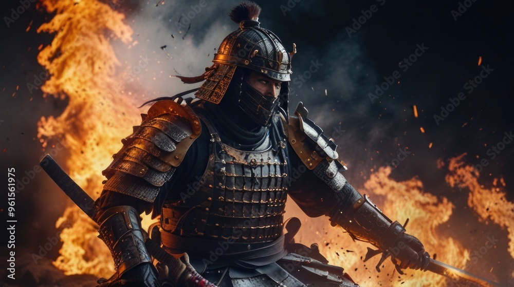 Samurai in armor in an attack stance position with a fire background Samurai in armor in an attack stance position with a fire background