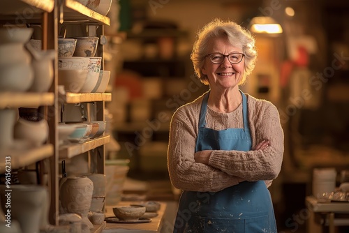 Typical medium shot portrait photography of a woman in her 50s wearing a cozy sweater against a traditional pottery studio with craftspeople at work in the background. photo