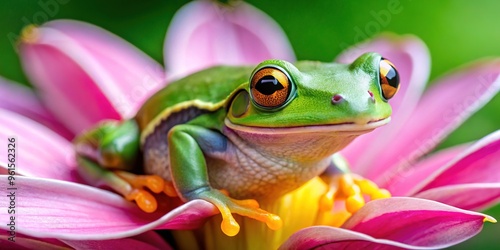 Vibrant green frog perched on delicate pink flower petals, surrounded by lush foliage, with bright yellow stripes and big, round, expressive eyes.