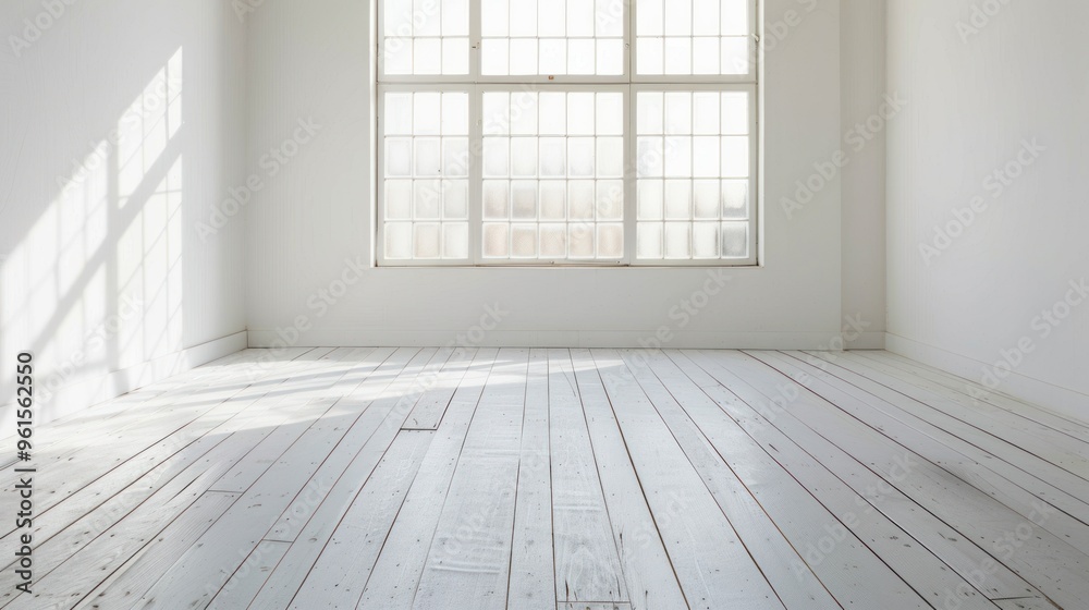White Room with Large Window and Wooden Floor.
