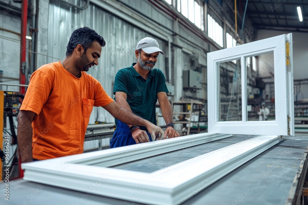 In overalls, two male international workers operate a machine for making aluminum PVC windows and doors In overalls, two male international workers operate a machine for making aluminum PVC windows and doors