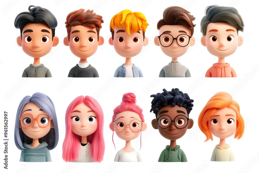 3D avatar set featuring diverse young people on a white background. Ideal for inclusive and modern design projects, and professional portraits. 3D avatar set featuring diverse young people on a white background. Ideal for inclusive and modern design projects, and professional portraits.