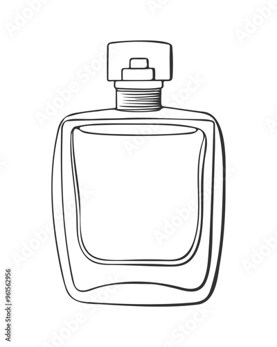 Mens perfume bottle. Logo emblem label icon. Drawing lineart glass bottle, perfume spray for men. Isolated on white background.