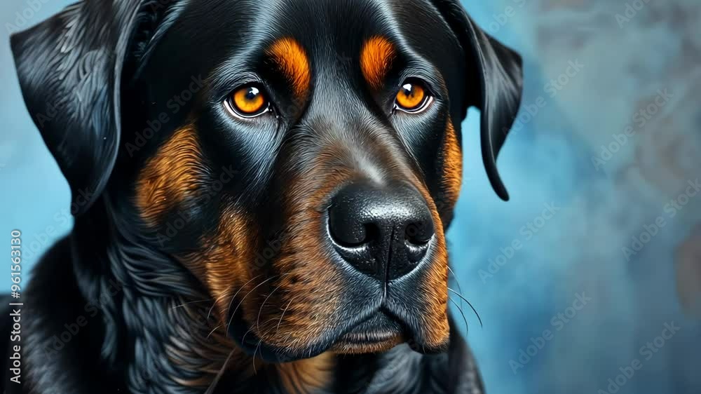 Close-up of rottweiler dog with focused gaze and detailed fur