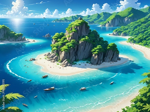 A small island is surrounded by crystal-clear blue waters, with fine white sand shimmering under the sunlight, resembling a natural paradise isolated from the outside world, anime art