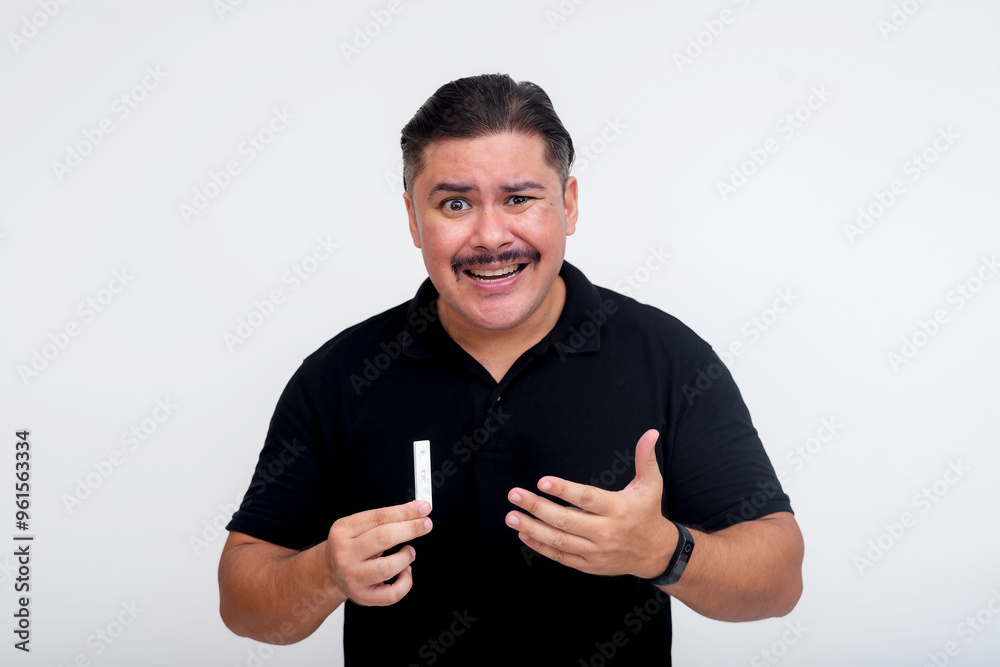 An angry middle aged man demands an explanation from his wife or daughter after receiving a positive pregnancy test. A confirmed unplanned pregnancy. Isolated on a white background. An angry middle aged man demands an explanation from his wife or daughter after receiving a positive pregnancy test. A confirmed unplanned pregnancy. Isolated on a white background.